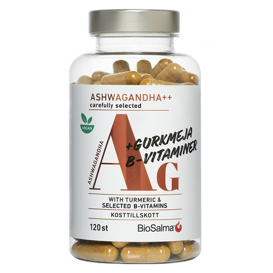 Biosalma Ashwagandha + Gurkmeja, B-vitaminer 120 tabletter