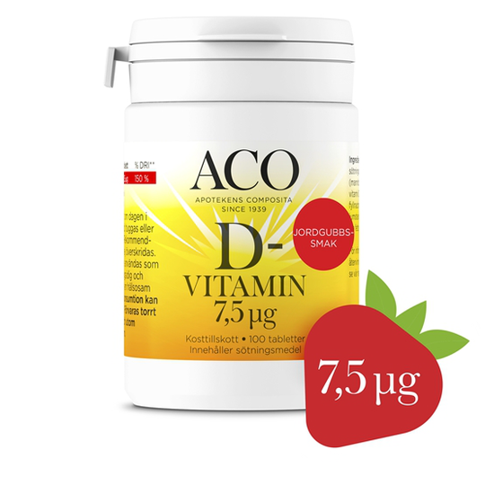 ACO D-vitamin 7,5 UG Jordgubbssmak 100 tabletter